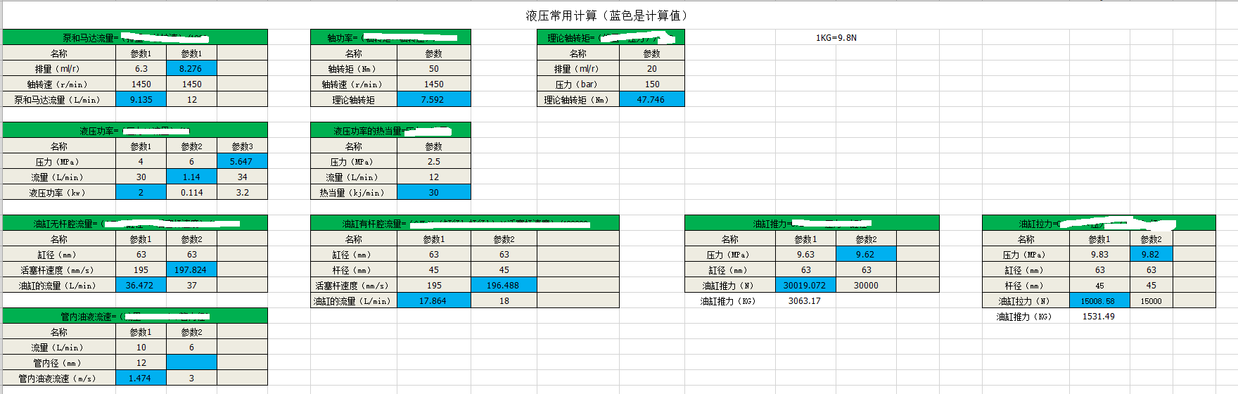 液压的常用计算公式